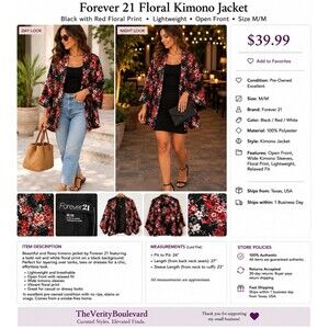 New Forever 21 Women M Floral Kimono Inspired Jacket Open Front Satin Black Red